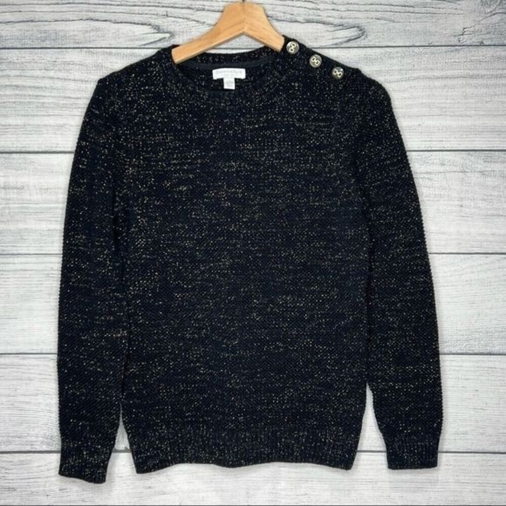 CHARTER Club Woman Black Metallic Gold Sprinkle Pull Over Sweater Petite M